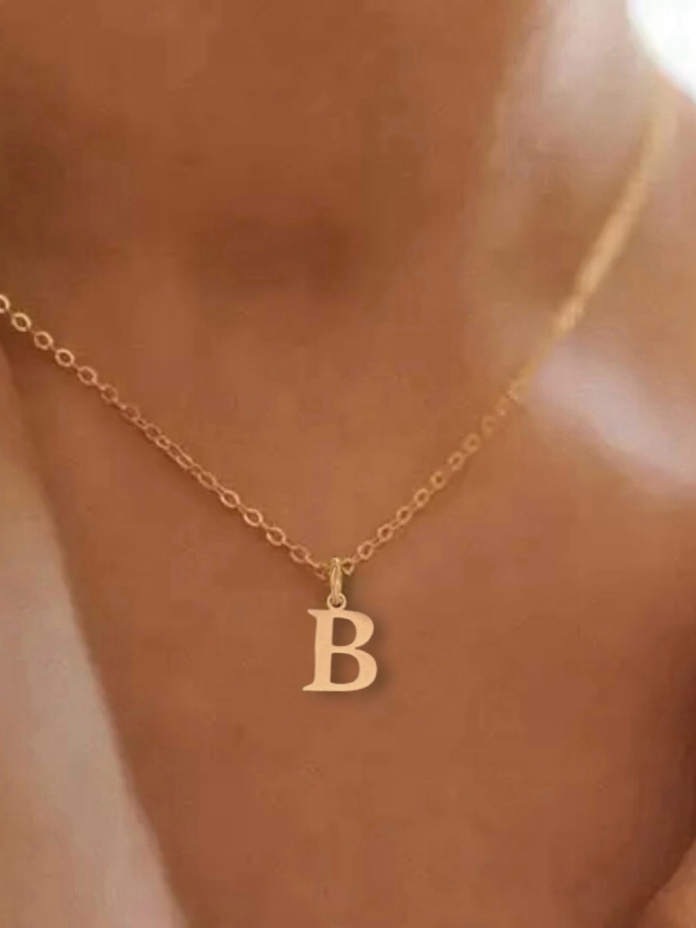 Classic Gold Block Letter Initial Charm Necklace, “B” Pendant, Stainless Steel